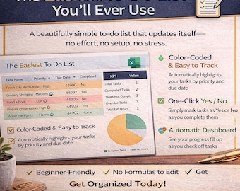 Simple Excel To-Do List Template | Automated Task Tracker, Daily Planner, Productivity Checklist
