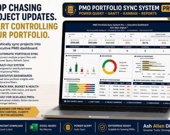 May include: A laptop displaying the PMO Portfolio Sync System Pro executive dashboard. The screen shows project data, budget metrics, risk exposure charts, and status tables. Text on the left highlights features like automatic sync and multi-file systems.