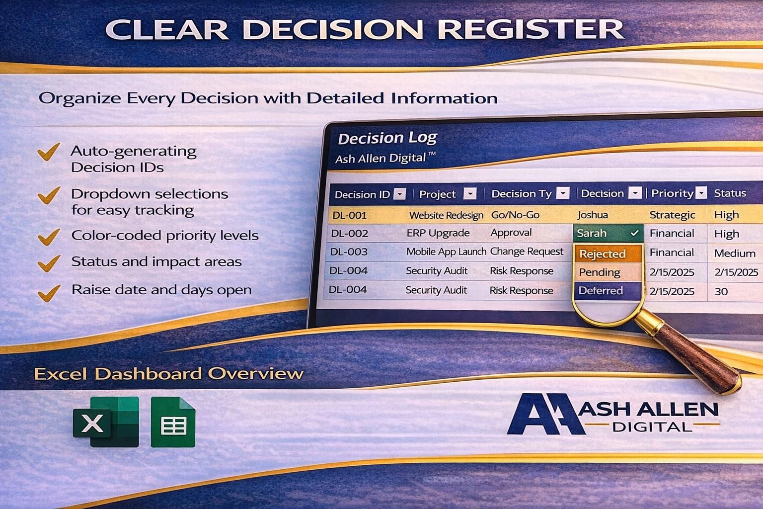 Decision Log Excel Template | Project Decision Tracker | PMO Decision ...
