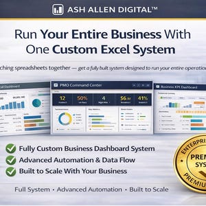 Może przedstawiać: Reklama systemu Excel firmy Ash Allen Digital. Obraz przedstawia trzy przykłady pulpitów nawigacyjnych z wykresami i danymi. Tekst podkreśla funkcje takie jak niestandardowe pulpity nawigacyjne, automatyzacja i skalowalność. Złota pieczęć głosi "Enterprise System, Premium Build."