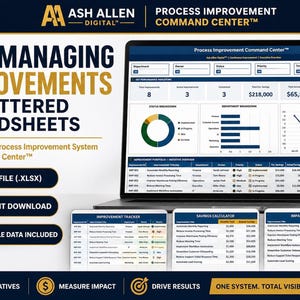 Process Improvement Command Center Excel Template | Lean Six Sigma Tracker | KPI Dashboard, Savings Calculator & Impact Analysis Tool