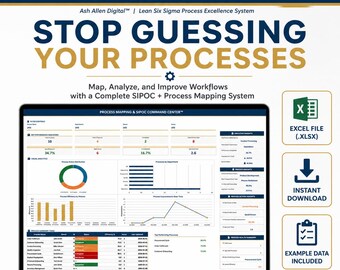 Processmappning och SIPOC Excel-mall | Lean Six Sigma processförbättringsinstrumentpanel | Arbetsflödesmappning | Processanalyskommandocenter