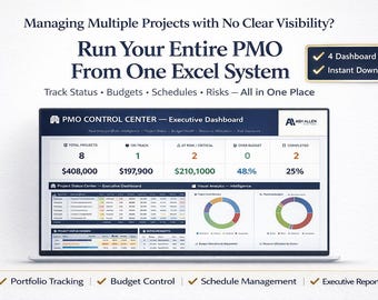 Pacote de Modelos de Painel de Controle de PMO em Excel | Rastreador de Portfólio de Projetos, Gráfico de Gantt, Rastreador de Orçamento, Sistema de Relatórios de Status