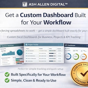 Puede incluir: Un anuncio gráfico digital para Ash Allen Digital que muestra tres ejemplos de paneles: Business Dashboard, Project Tracker y KPI Dashboard. El texto dice Get a Custom Dashboard Built for Your Workflow e incluye un sello dorado.