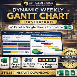 Szablon wykresu Gantta dla programu Excel, dynamiczny planer projektów z automatyczną osią czasu i śledzeniem zadań