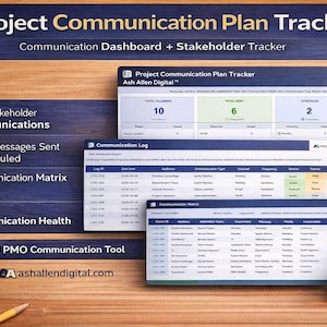 May include: A wooden desk displays a project communication plan tracker. The plan includes a communication dashboard and stakeholder tracker. The image also shows a coffee cup, a notepad, and a pencil. The text on the image says "Project Communication Plan Tracker".