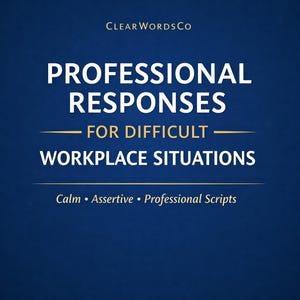 May include: A navy blue graphic with white text that reads "PROFESSIONAL RESPONSES FOR DIFFICULT WORKPLACE SITUATIONS." Below the text are the words "Calm • Assertive • Professional Scripts."