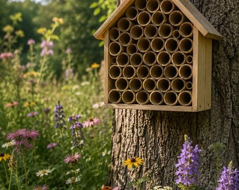 Natural Mud Bee House with Tubes, Pollinator House for garden