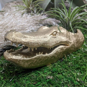 May include: A gold-colored alligator head sculpture with an open mouth and visible teeth. The sculpture is sitting on a bed of green moss.