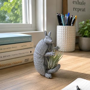 May include: A gray armadillo-shaped planter figurine holding a small green air plant. The armadillo has a textured, segmented shell and is positioned upright. The object is crafted with detailed features, including pointed ears and a long snout.