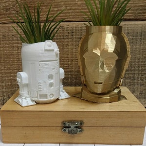 May include: A white 3D-printed R2-D2 planter and a gold 3D-printed C-3PO head planter, each containing a small green plant. The two robotic-shaped containers are positioned side-by-side, showcasing detailed geometric textures and molded features.