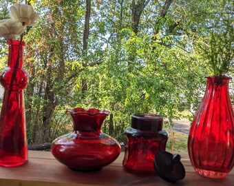 Ruby Red vintage glass vase set of 4, 1950's glass Bud Vase, Mid Century Home, Granny Chic Cottage Décor