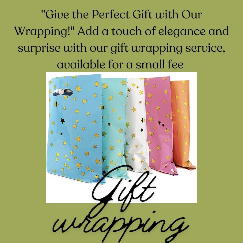 May include: Four gift bags with gold stars on a light blue, light green, white, and pink background. The text "Give the Perfect Gift with Our Wrapping!" is above the bags. The text "Add a touch of elegance and surprise with our gift wrapping service, available for a small fee" is below the bags. The text "Gift wrapping" is below the bags.