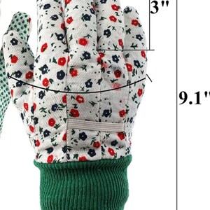 May include: A pair of white gardening gloves with a floral print, red and blue flowers, and a green cuff. The gloves are 9.1 inches long and 3 inches wide. The width of the cuff is up to 4.5 inches.