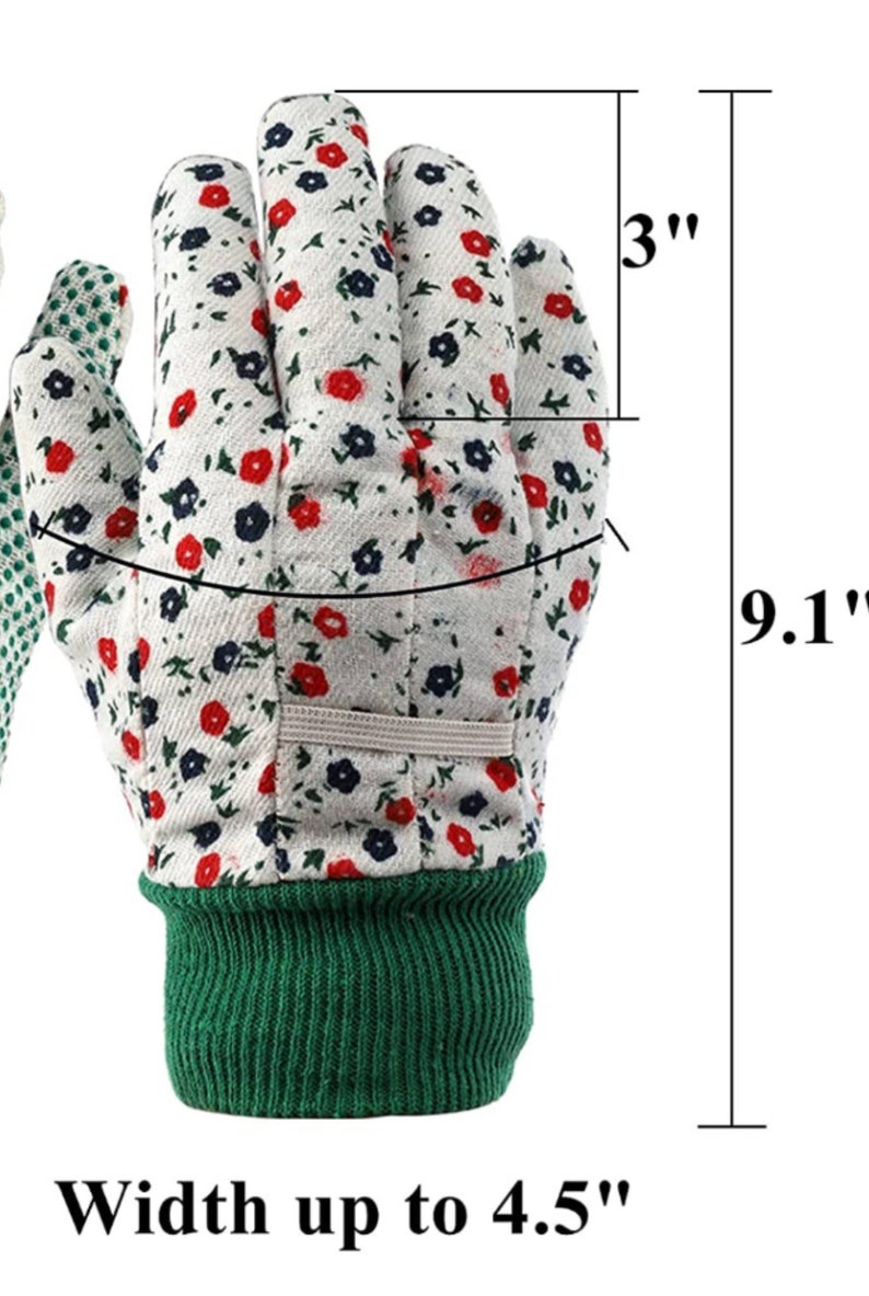 May include: A pair of white gardening gloves with a floral print, red and blue flowers, and a green cuff. The gloves are 9.1 inches long and 3 inches wide. The width of the cuff is up to 4.5 inches.