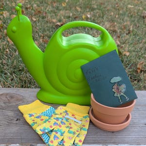May include: A green snail-shaped watering can, a packet of "Fairy Garden Seeds", a terracotta pot, and a pair of yellow gardening gloves with a frog and strawberry pattern. The items are arranged on a wooden surface.