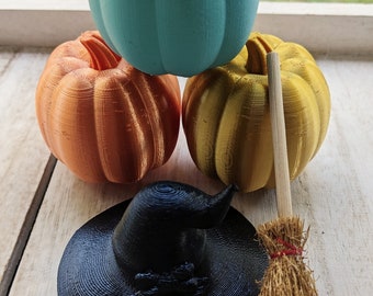 Mini Miniature Pumpkin with Witchy hat and broom Fall Décor, Halloween Tiered Tray Décor