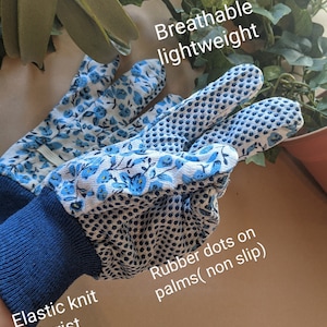 May include: A pair of blue and white gardening gloves with a floral pattern. The gloves have rubber dots on the palms for a non-slip grip. The gloves have an elastic knit wrist for a comfortable fit. The gloves are described as breathable and lightweight.