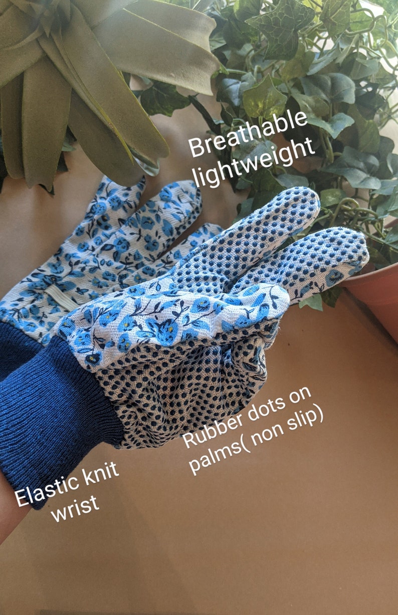 May include: A pair of blue and white gardening gloves with a floral pattern. The gloves have rubber dots on the palms for a non-slip grip. The gloves have an elastic knit wrist for a comfortable fit. The gloves are described as breathable and lightweight.