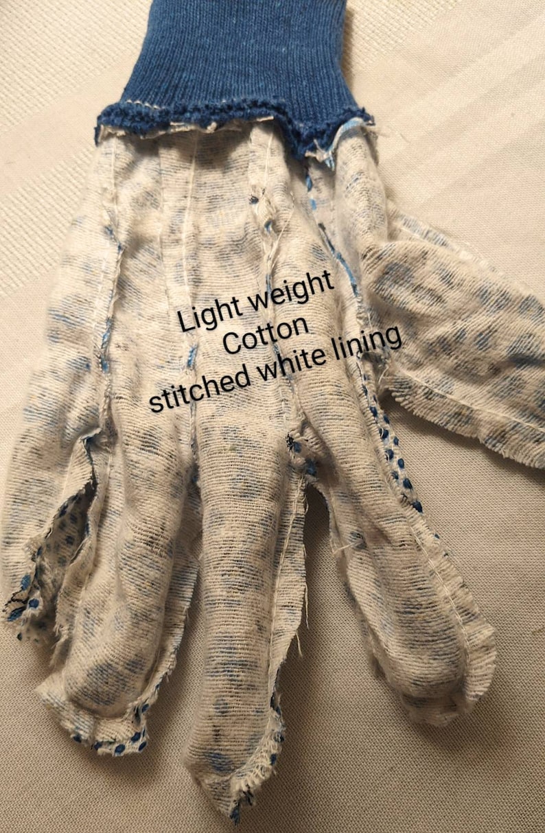 May include: A close-up of a light-weight cotton work glove with a stitched white lining. The glove is blue and white and has a frayed edge.