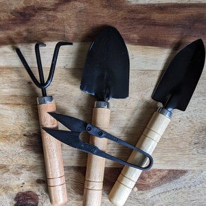 May include: A set of gardening tools, including a small rake, two trowels, and a pair of scissors. The tools have wooden handles and black metal heads. The tools are arranged on a wooden surface.
