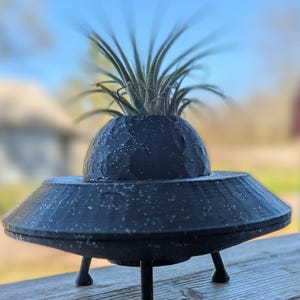 May include: A black UFO-shaped planter with three legs, holding a green air plant. The planter has a textured surface and appears to be made of plastic.