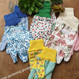 May include: A set of gardening gloves in various colors and patterns. The gloves are made of cotton and have a rubberized grip. The gloves are labeled "adult gardening gloves" and "kids gardening gloves".
