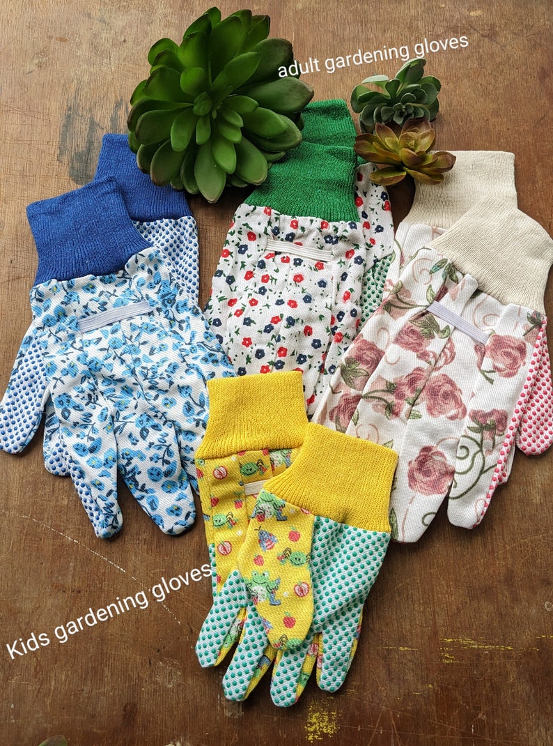 May include: A set of gardening gloves in various colors and patterns. The gloves are made of cotton and have a rubberized grip. The gloves are labeled "adult gardening gloves" and "kids gardening gloves".