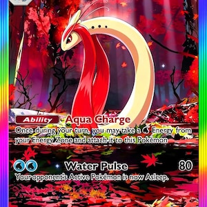 Puede incluir: Una carta coleccionable Milotic ex con 240 HP, que muestra una criatura serpentina de color crema con aletas rojas sobre un fondo de bosque otoñal rojo brillante. La carta presenta la habilidad Aqua Charge, el ataque Pulso Cura y un borde arcoíris.