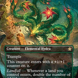May include: A Magic: The Gathering card featuring the "Mossborn Hydra." The artwork depicts a green, serpentine creature with red and orange accents. The card text includes "Trample" and "Landfall" abilities. The card is labeled as a "Creature - Elemental Hydra."