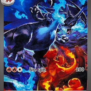 May include: A Pokémon trading card featuring Mega Charizard-X EX. The card showcases a dynamic illustration of Charizard in shades of blue and black, with fiery accents. The card includes text such as "Fire spin" and "HP 320".