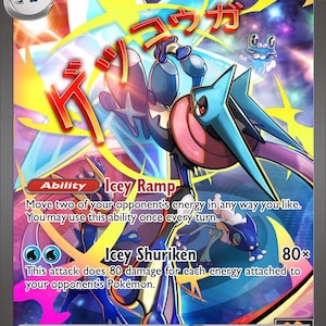 May include: A Mega Greninja Y ex Pokémon trading card. The card features a blue and pink Greninja character with the text "Icey Shuriken" and "Icey Ramp". The card has a HP of 360.