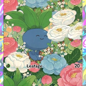 May include: A trading card featuring a blue Oddish character with a smiling face, surrounded by colorful flowers. The card has the text "Oddish", "Leafage", and "HP 50". The background is a floral design with pink, white, and blue flowers.