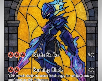 May include: A Pokémon trading card featuring Ceruledge, a character with a blue and purple armored design. The card has a stained-glass style background with the text "Blade Strike" and "Burning Blade". The HP is 140.