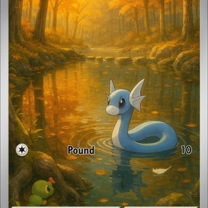 May include: A Dratini Pokémon card featuring a blue serpentine creature in a pond. The card has a forest background with autumn colors. Text includes "Dratini", "Pound", and "HP 40". The card is from the 147/151 set.