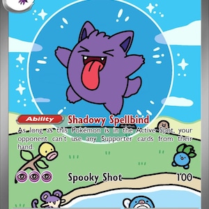 May include: A Pokémon trading card featuring Gengar ex, a purple ghost-type character with a red tongue. The card has a blue background with text that includes "Shadowy Spellbind" and "Spooky Shot".