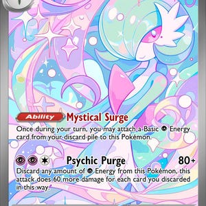 May include: A Gardevoir ex trading card with 320 HP, featuring a pastel-coloured illustration of the character. The card displays the text Mystical Surge and Psychic Purge, along with game rules, energy symbols, and a stage 2 evolution label.