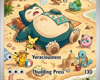 May include: A Snorlax trading card featuring a beach scene with various Pokémon characters. Snorlax sleeps on a towel while Pikachu, Bulbasaur, Eevee, Jigglypuff, Squirtle, Psyduck, Pichu, and Slowpoke play nearby. Text includes Snorlax, 150 HP, Voraciousness, and Thudding Press.