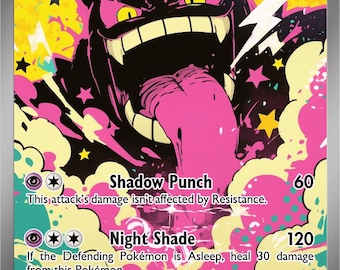 May include: A Gengar ex Pokémon trading card. The card features a black and pink illustration of Gengar with a long tongue. The card has a yellow and pink background with text that reads "Shadow Punch" and "Night Shade".