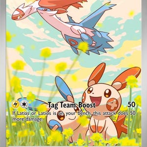May include: A Pokémon trading card featuring Plusle & Minun, with a HP of 120. The card has a Tag Team Boost ability, with a colorful illustration of the characters. The card also includes text about weakness, resistance, and retreat.