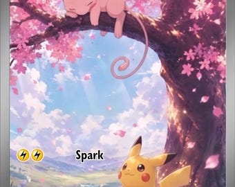 Puede incluir: Una carta coleccionable Pikachu ex con 200 HP, que muestra a un Pikachu amarillo sentado en un tocón de árbol y a un Mew rosa durmiendo en una rama arriba. El fondo muestra un cerezo en flor con pétalos cayendo y un paisaje.