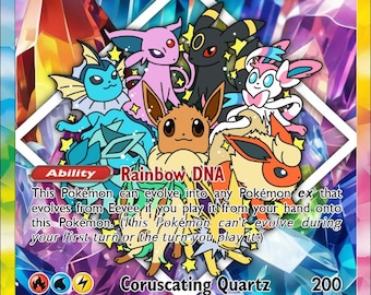May include: A Pokémon trading card featuring Eevee ex with various evolved forms. The card has a colorful design with text that reads "Rainbow DNA" and "Coruscating Quartz". The card's HP is 200.