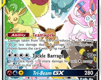 May include: A Pokémon trading card featuring multiple Eevee evolutions. The card has a yellow border with the text "TAG TEAM" and "BASIC". The card includes the text "Tri-Beam GX" and "Tackle Barrage". The card has a HP of 380.