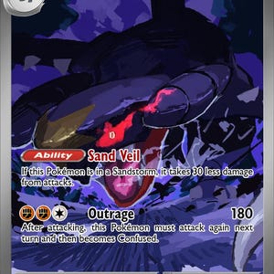 May include: A Pokémon trading card featuring Garchomp ex, a Stage 2 Pokémon that evolves from Gabite. The card has a dark color scheme with a dynamic illustration of Garchomp. Text includes "Sand Veil" and "Outrage" abilities, and the HP is 270.