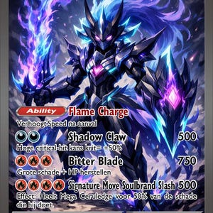 May include: A Mega Ceruledge EX Pokémon trading card. The card features a detailed illustration of a dark armored figure with blue and purple energy effects. The card has text including "Flame Charge" and "Shadow Claw".