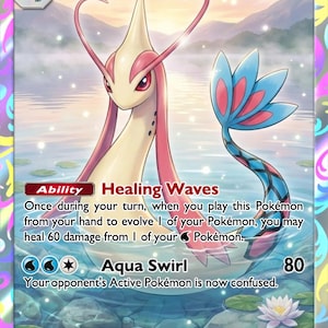 Könnte beinhalten: Eine holografische Pokémon-Karte mit Milotic, einer schlangenartigen Kreatur mit cremefarbenem Körper, rosa Akzenten und einem blau-rosa Schwanz. Die Karte zeigt den Text "Milotic" und "Healing Waves".