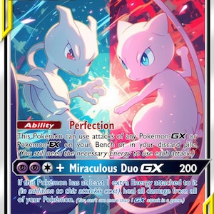 May include: A Pokémon trading card featuring Mewtwo and Mew GX. The card has a yellow border with the text "TAG TEAM" and "BASIC". The card features two Pokémon, one white and one pink, with the text "Miraculous Duo GX 200".