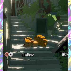 May include: A Vulpix Pokémon trading card featuring an orange fox-like creature named Vulpix with the Ember attack. The card has a HP of 60 and a 10+ rating. The background shows a stone staircase and greenery.