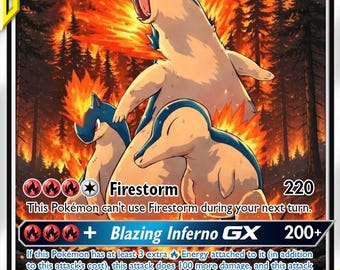 Könnte beinhalten: Eine Pokémon-Sammelkarte mit Cyndaquil, Quilava und Typhlosion GX, einem Tag Team. Die Karte hat einen feurigen Hintergrund mit dem Text "Firestorm" und "Blazing Inferno GX". Es ist ein Sammlerstück.