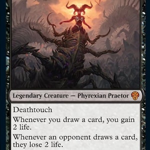 May include: A Magic: The Gathering card featuring Sheoldred, the Apocalypse. The card has a dark background with a central illustration of a humanoid figure with horns and a skeletal body. Text includes "Deathtouch" and other game mechanics. The card's power and toughness are 4/5.
